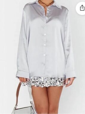 Show Me Your Mumu Smith Button Down Top Small Silver Luxe Satin Oversized Satin